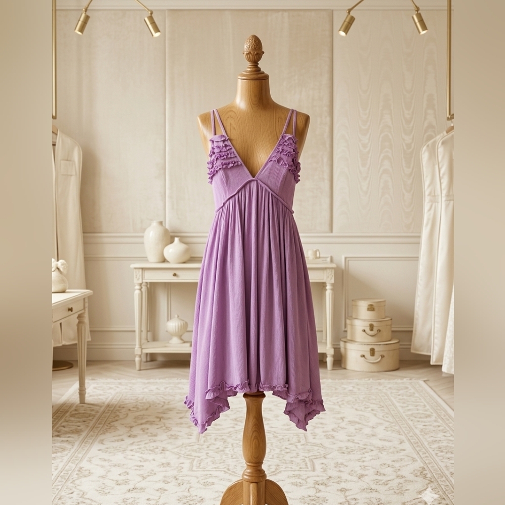 Lavender Ruffle-Trim Mini Dress - Sleeveless V-Neck